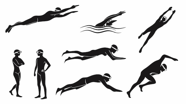 Un ensemble de silhouettes de natation illustrant différents coups de natation