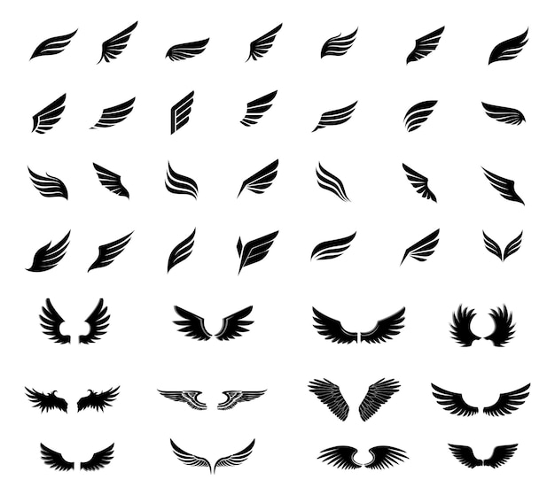 Vecteur ensemble de silhouettes noires d'ailes icône d'ailes ensemble simple noir collection vectorielle d'ailes