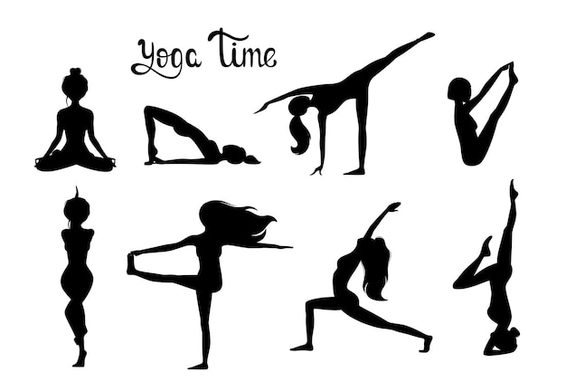 Vecteur un ensemble de silhouettes noires de femmes dans différentes poses yoga
