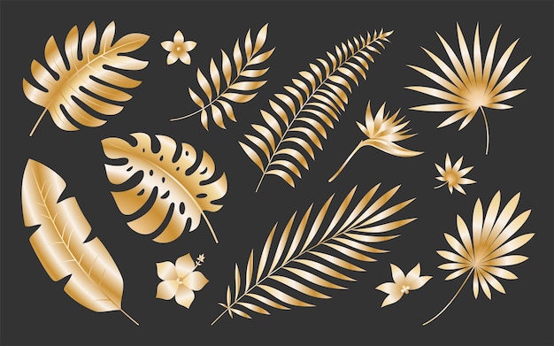 Ensemble de silhouettes d'or de luxe à feuilles tropicales