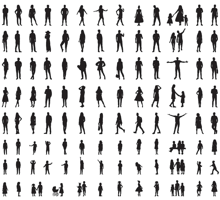 Vecteur ensemble de silhouettes de personnes dessinant une ligne sur un vecteur de fond blanc