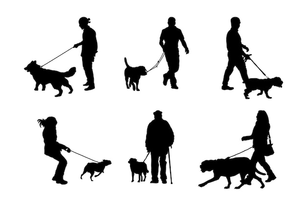 Ensemble de silhouettes de personnes marchant avec la conception de vecteur de chiens