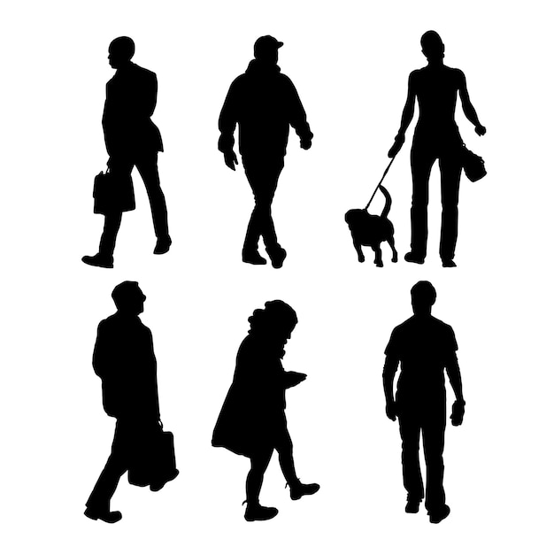 Vecteur ensemble de silhouettes de personnes marchant
