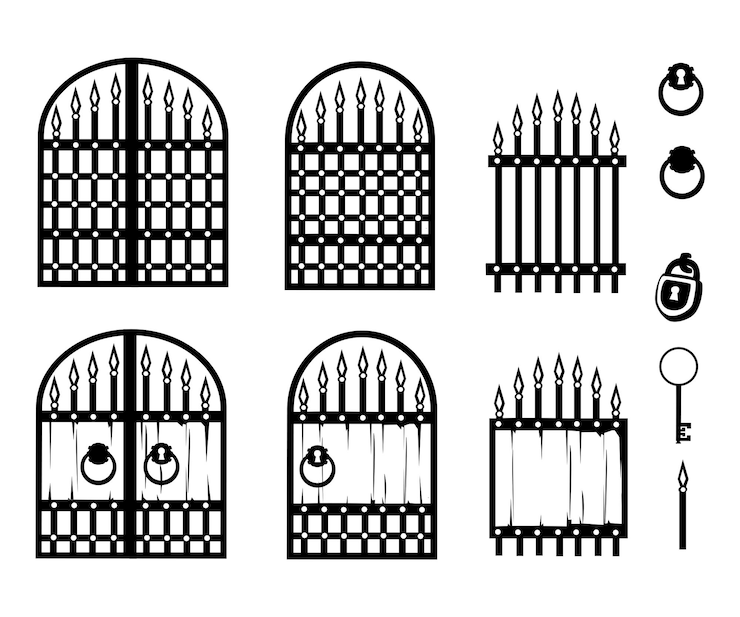Vecteur ensemble de silhouettes de portail forgé