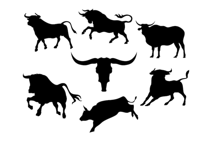 Vecteur ensemble de silhouettes de taureaux. silhouettes de taureaux dans différentes positions à l'ombre