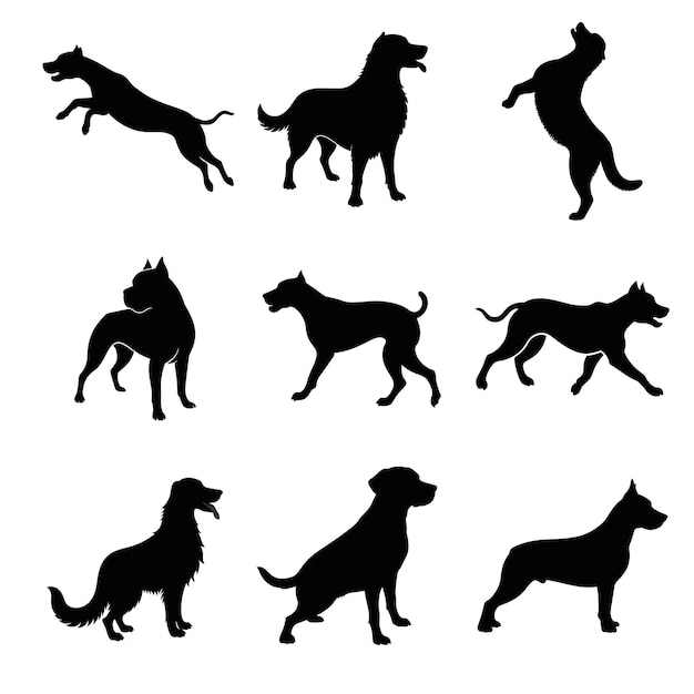 Un ensemble de silhouettes vectorielles de pose de différents types de chiens