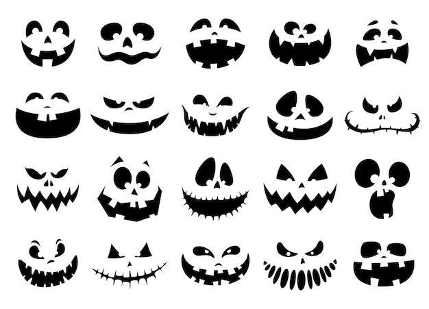 Un ensemble de silhouettes de visages pour Halloween Des sourires amusants effrayants pour les citrouilles et les fantômes Illustration vectorielle