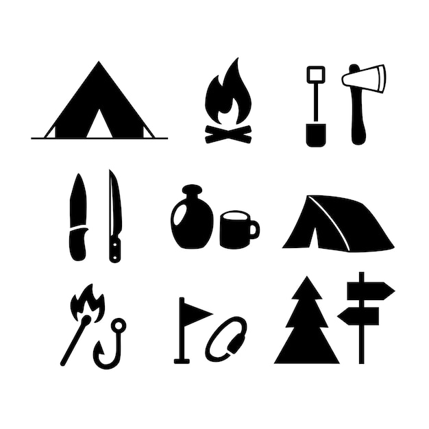 Ensemble de silhouettes voyage événement Camping modèle de logo vectoriel tente touristique forêt camp arbres