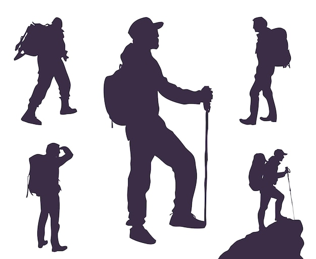 Ensemble de silhouettes de voyageurs et de touristes. Les voyageurs partent à l'aventure