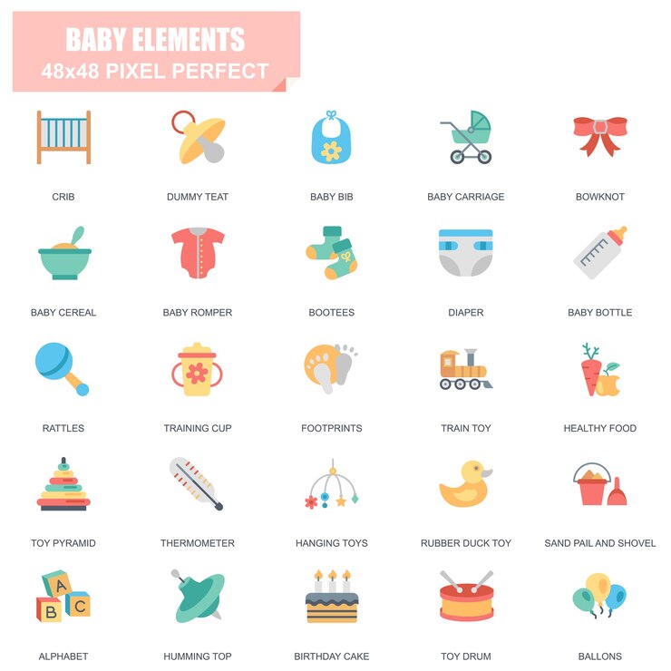 Ensemble simple d&#39;éléments de bébé connexes Vector Icons plat