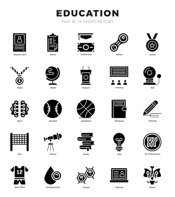 Vecteur ensemble simple d'icônes de glyphes vectoriels liés à l'éducation