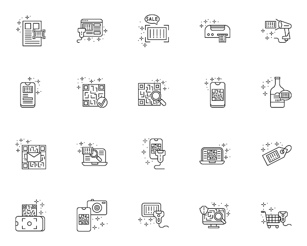 Ensemble simple d'icônes de ligne vectorielle liées au code QR et au code à barres