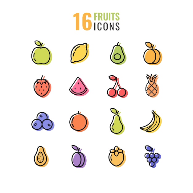 Ensemble simple d'icônes de lignes vectorielles liées aux fruits Contient des icônes telles que la pastèque orange fraise