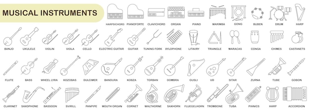 Ensemble simple d'instruments de musique en ligne fine Images de divers instruments de musique