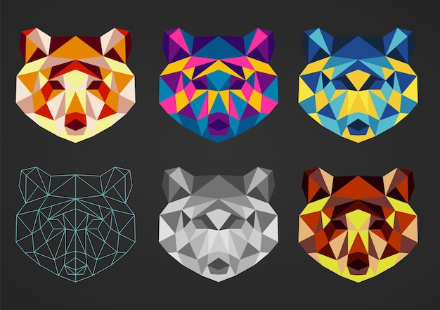 Ensemble De Six Animaux De Collection De Têtes D'ours Colorés Géométriques Polygonaux Pour Le Logo D'impression De Conception