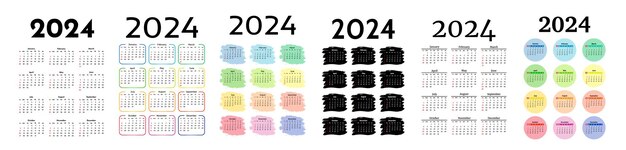 Vecteur ensemble de six calendriers pour 2024 isolés sur fond blanc modèle d'affaires du dimanche au lundi