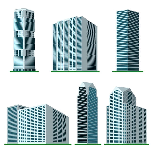 Ensemble de six gratte-ciel modernes sur fond blanc Vue du bâtiment depuis le bas Illustration vectorielle isométriquexA