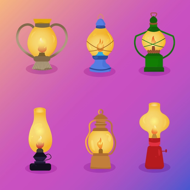 Vecteur ensemble de six lampes à pétrole lumières pour camping camping marche dessin animé