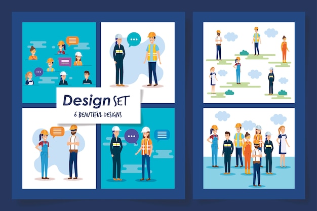 Ensemble De Six Modèles De Travailleurs De Groupe