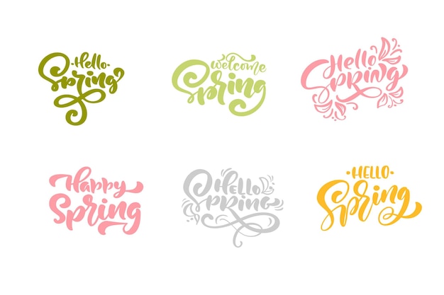 Ensemble de six phrases de lettrage Spring Pastel Calligraphy Vector Hand Drawn Isolated Text Sketch