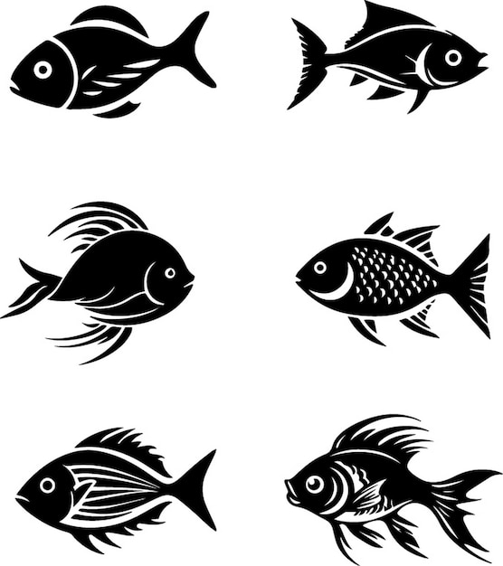 Ensemble de six poissons vecteur noir et blanc