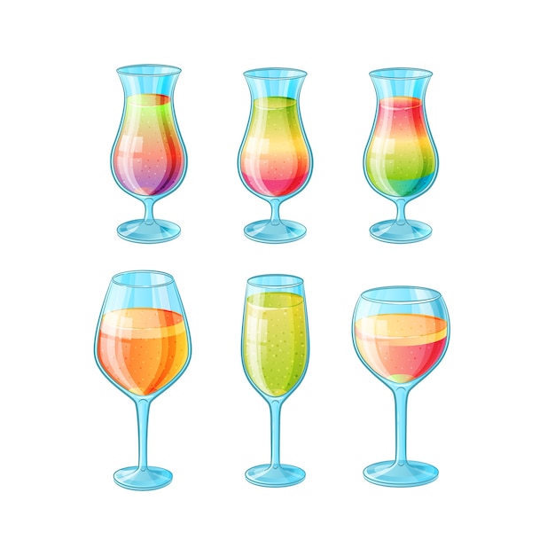 Ensemble De Six Verres Dessinés à La Main Avec Des Cocktails D'été à Faible Teneur En Alcool