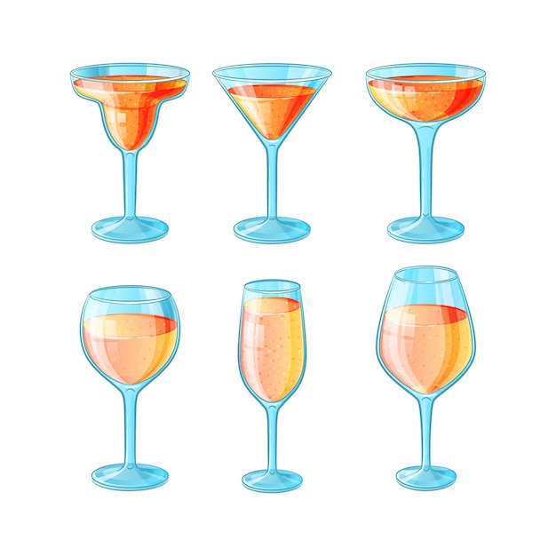 Ensemble De Six Verres Dessinés à La Main Avec De Longs Cocktails Alcoolisés