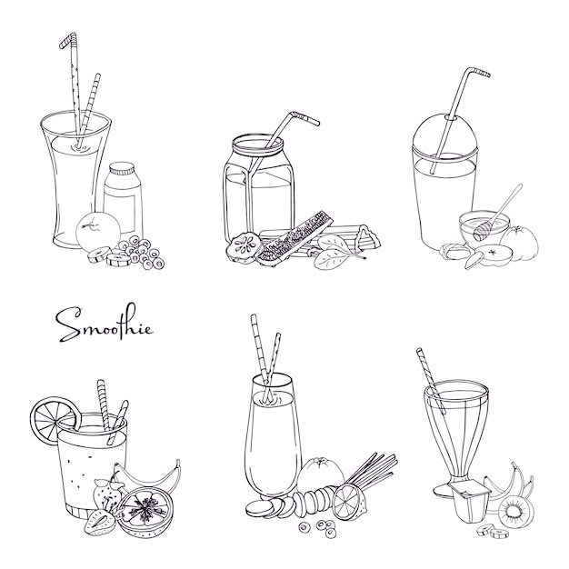 Ensemble De Smoothie Différent. Collection De Diverses Boissons D'été Avec Des Fruits, Des Baies, Des Légumes. Illustration Dessinée à La Main.