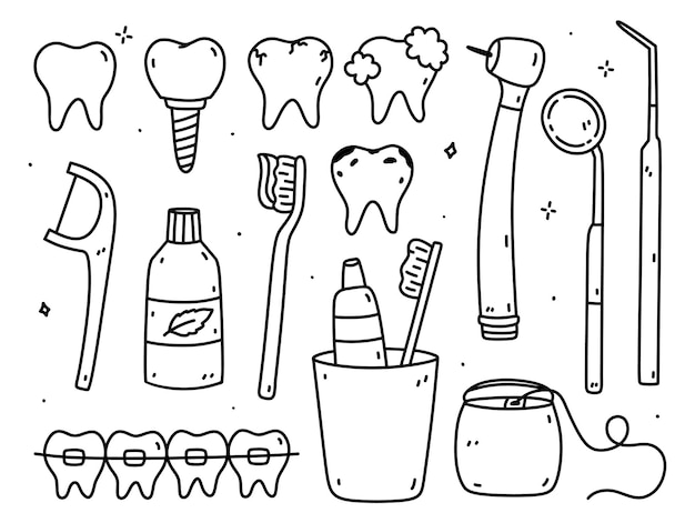 Vecteur ensemble de soins dentaires, doodle, dents saines et malades, implants, outils de dentisterie médicale, perceuse