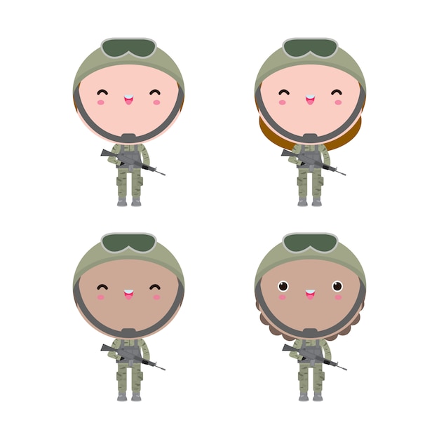 Vecteur ensemble de soldats garçon et fille. design de personnage de dessin animé plat isolé sur fond blanc