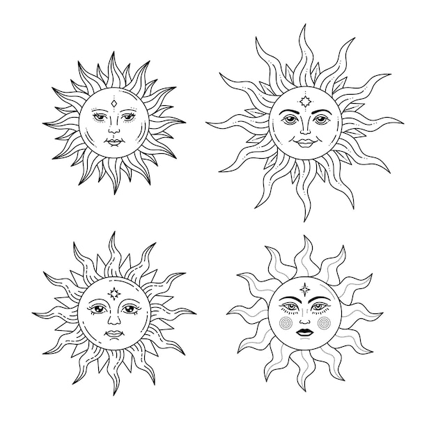 Vecteur ensemble de soleils célestes avec le visage et les yeux ouverts carte de tarot de dessin stylisé éléments mystiques