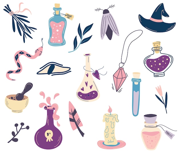 Ensemble De Sorcellerie. Bouteilles Avec Potion, Mauvais œil, Cristal, Serpent, Bougie, Papillon De Nuit. Grande Main Dessiner Collection De Symboles ésotériques Magiques. Pour Le Tatouage, Le Textile, Les Cartes, La Décoration D'halloween. Illustration De Dessin Animé De Vecteur