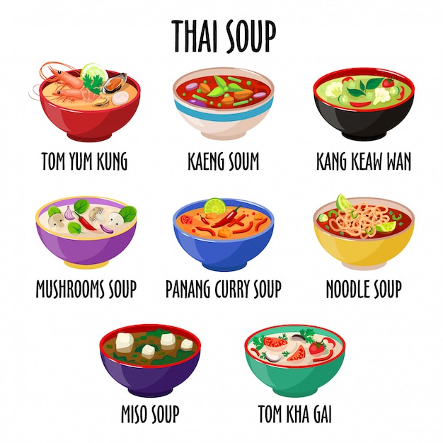 Ensemble De Soupe Thaïlandaise, Différents Plats Dans Des Bols Colorés Isolés