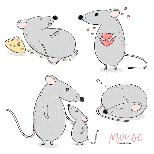 Vecteur ensemble de souris mignonnes dessinées à la main