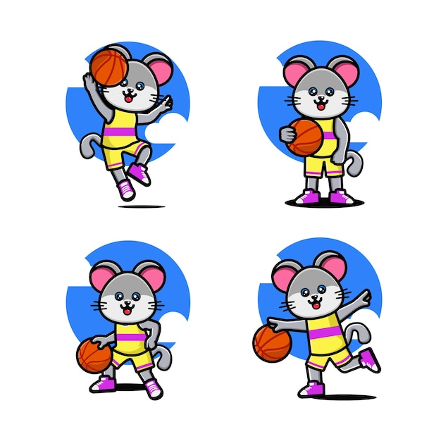 Ensemble De Souris Mignonnes Heureuses Jouant Au Basketball