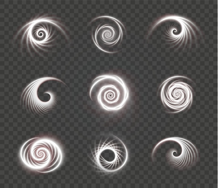 Vecteur ensemble de spirales blanches lumineuses sur une surface transparente