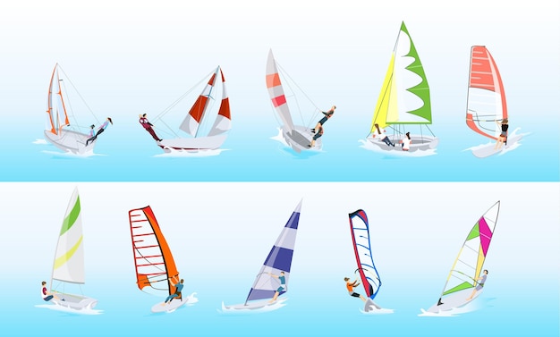 Ensemble De Sport De Planche à Voile Silhouettes De Personnes Avec Différentes Planches De Surf Colorées