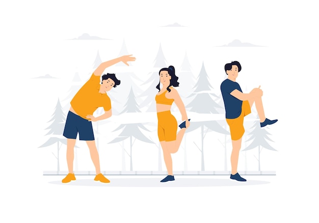 Ensemble de sportifs faisant des étirements de remise en forme dans l'exercice de yoga de gym debout dans différentes poses Illustration de concept de mode de vie sain et de perte de poids