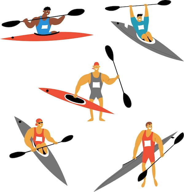 Ensemble De Sportifs De Sprint En Canoë Avec Kayaks