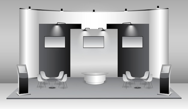 Vecteur ensemble de stand d'exposition commerciale réaliste ou kiosque d'exposition vierge blanc ou stand d'entreprise