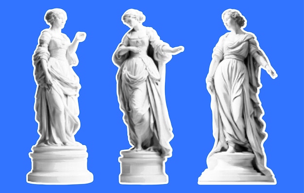 Vecteur ensemble de statues de femmes dans le style de collage rétro de l'illustration vectorielle de la renaissance avec demi-ton