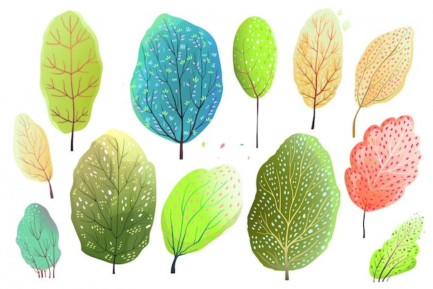 Ensemble de style aquarelle dessiné à la main d'arbres abstraits ou de feuilles. Dessin animé de vecteur.
