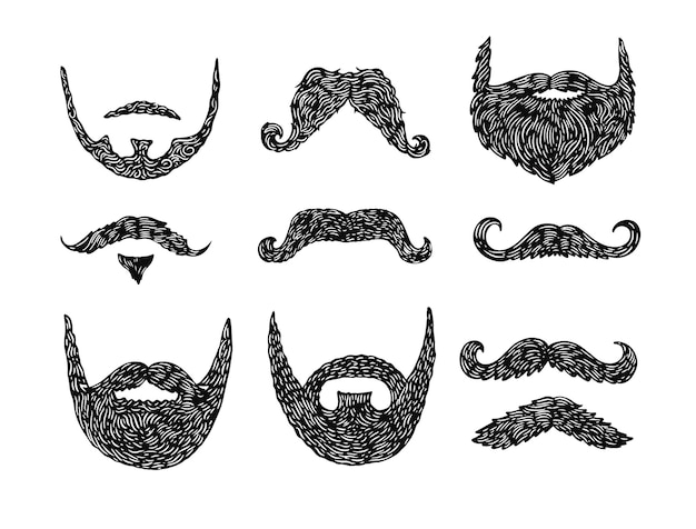 Vecteur ensemble de style de barbe dessinés à la main couleur noire vector illustration clip art signe isolé sur fond blanc