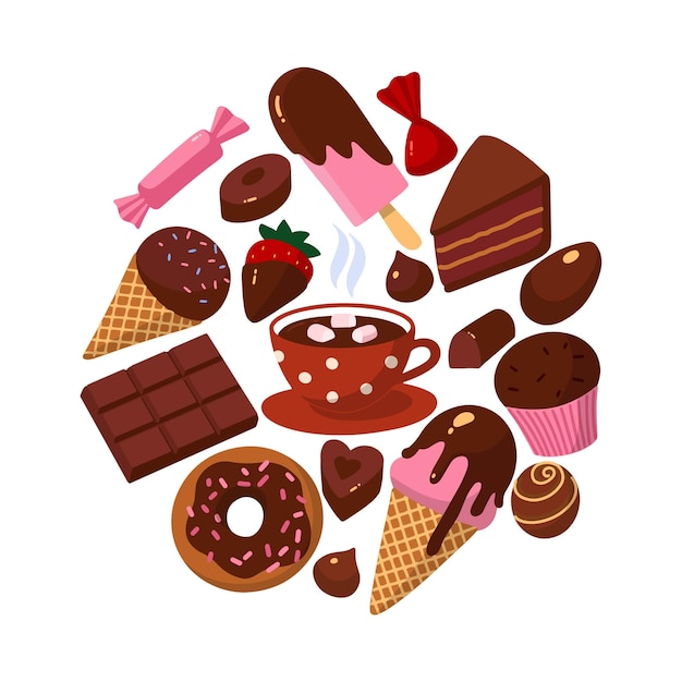 Ensemble de style carton de bonbons au chocolat Toutes les utilisations du chocolat Composition encadrée ronde Illustration vectorielle lumineuse