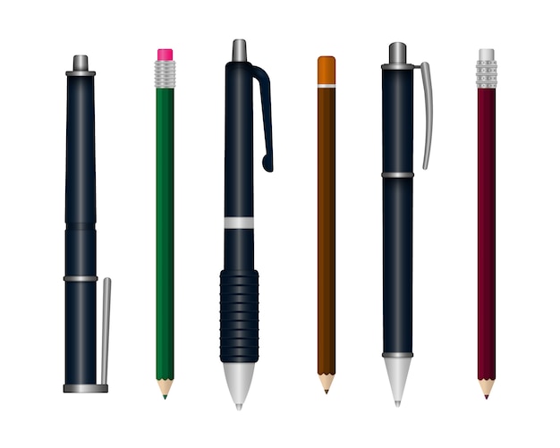 Ensemble de stylo d'écriture réaliste isolé sur fond blanc. Papeterie scolaire colorée en 3D. Modèle de stylos en plastique multicolores réalistes sous différents angles.