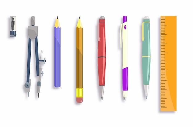 Vecteur ensemble de stylos boussole et pensils isolé sur fond blanc