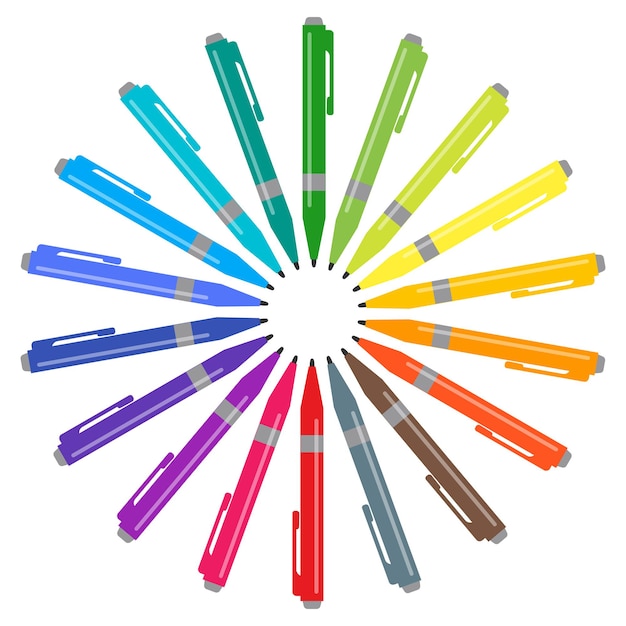 Ensemble de stylos multicolores placés dans un cercle. Illustration vectorielle.