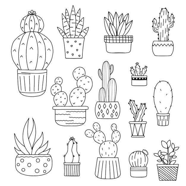 Ensemble de succulentes mignonnes cactus Kawaii illustration de style doodle noir et blanc