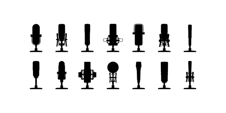 Ensemble de support de microphone sur scène silhouette vintage logo icône vecteur isolé