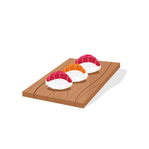 Ensemble De Sushi Sur Une Planche De Bois Sur Un Fond Blanc Isolé Nourriture Japonaise Asiatique